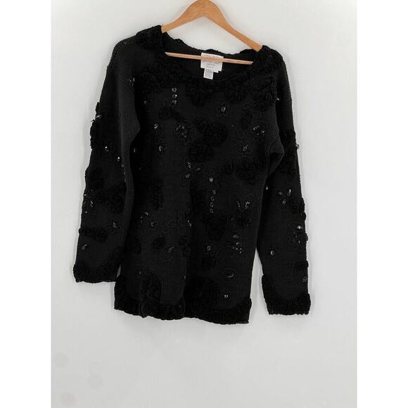 VINTAGE JENNIFER REED HAND KNIT PETITE SMALL BLACK SEQUIN EMBELLISHED SWEATER - Picture 1 of 9
